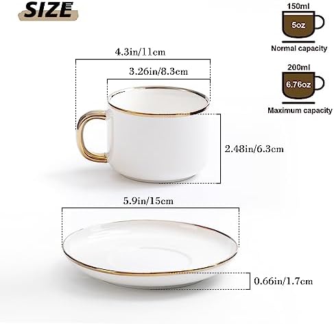 Agyiuns Tea Cups and Saucers with Gold Trim, 6.7oz White Porcelain Coffee Cups Set of 4 for Latte, Tea(white and gold) - Image 4