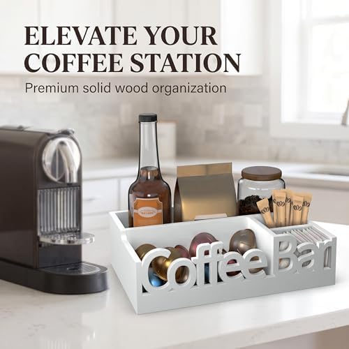 Coffee Bar Organizer Countertop, White Wood Coffee Station Caddy Tray,White - Image 2