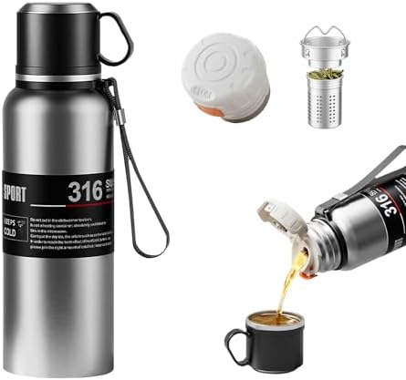 Stainless steel Vacuum Thermoses Bottle With Tea Infuser & Cup,Double Layer Insulated Coffee Bottles for Hot and Cold Drink Water Flask (Silver, 1360ML) by Unknown