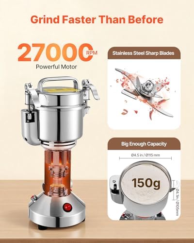VEVOR Electric Grain Mill Grinder, 150g Commercial Spice Grinders, High Speed 850W Stainless Steel Pulverizer Powder Machine, for Dry Grains, Spices, Cereals, Coffee, Corn & Pepper, Straight Type - Image 4