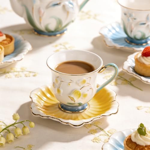 KAMMAK Tea Cups and Saucers Set of 2, Porcelain Coffee Cups, NX015 - Image 5
