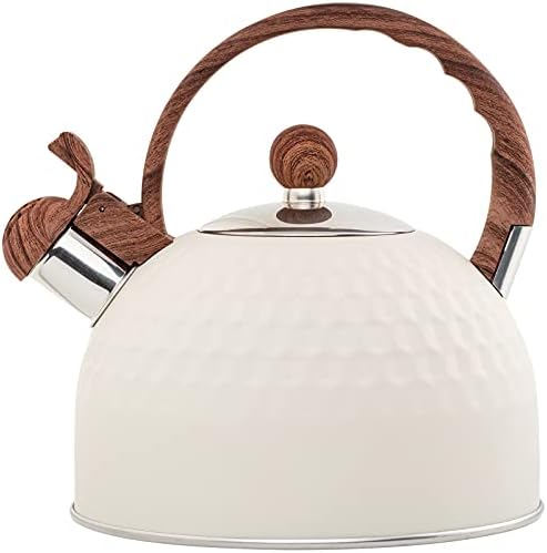 Whistling Stainless Steel Tea Kettle with Wood Grain Anti Heat Handle, Cylindrical Wood Grain Stainless Steel Cover, 2.6 Quart/2.5 Liter, Beige by TEDSWAIT