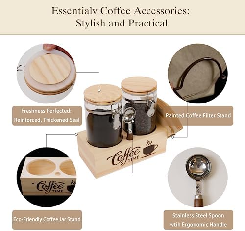 Glass Coffee Canister Set with Shelf & Spoon 2 Piece Coffee Containers for Coffee Bean Storage Airtight Seal, Coffee Bar Accessories Filter Holder for Kitchen Organization - Image 4