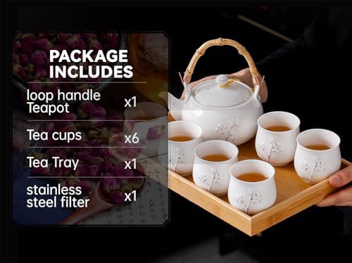 Japanese Tea Set, White Porcelain tea set with 1 Teapot(23 oz/660ml), 6 Tea cups(5.3 oz/150ml), 1 Tea Tray, Golden plum blossom relief, Asian tea sets for adults (Golden plum-White) - Image 6