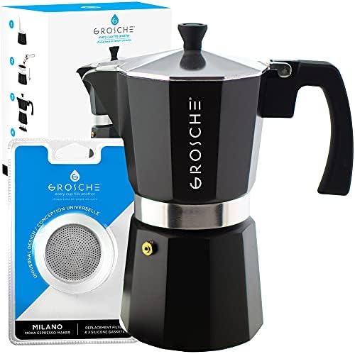 GROSCHE Milano Stovetop Espresso Maker Moka pot 9 espresso Cup - 15.2 oz, Black and 3 Replacement Seals Gaskets Bundle Stove top coffee maker Moka Italian espresso coffee maker and replacement gaskets by GROSCHE