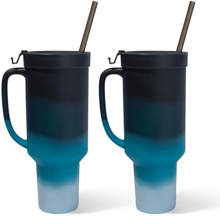 Silipint 64oz Silicone Tumbler with Handle Flip Lid and Straw - BPA-Free Non-Toxic Freezer Microwave Dishwasher Safe Tumbler - Perfect for Tea Smoothies Pack of 2 Moon Beam by Silipint