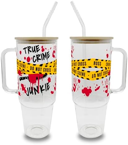 Sip-Sip Hooray! Crime Junkie 40oz Glass Tumbler with Lid and Straw, True Crime Podcast Fan Gift, Iced Coffee Cup by Sip-SipHooray