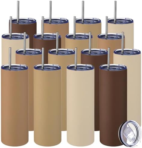 16 Pcs 20oz Insulated Stainless Steel Tumbler with Lid and Straw, Brown by Patelai