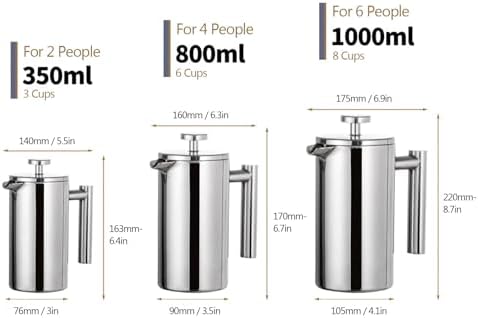 OMANA Cafetiere 350ml/800ml/1000ml Stainless Steel French Press Coffee Maker - Double Walled Insulated Coffee Maker Pot for Home and Office (800ml), FCP01 - Image 3