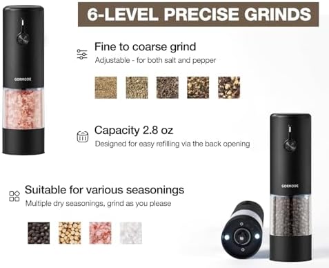 Black Stainless Steel Electric Salt and Pepper Grinder Set with Dust Cover – Rechargeable Automatic Pepper Mill, LED Light, Adjustable Coarseness (2 Pack) - Image 3