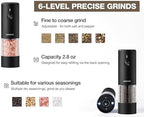 Black Stainless Steel Electric Salt and Pepper Grinder Set with Dust Cover – Rechargeable Automatic Pepper Mill, LED Light, Adjustable Coarseness (2 Pack) - Image 3