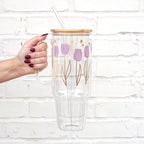 Sip-Sip Hooray! Purple Tulips 40oz Glass Tumbler with Lid and Straw, Floral Flower Gift for Women, Botanical Iced Coffee Cup - Image 2
