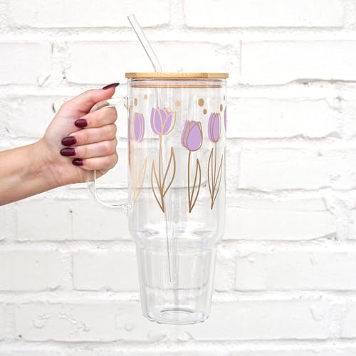 Sip-Sip Hooray! Purple Tulips 40oz Glass Tumbler with Lid and Straw, Floral Flower Gift for Women, Botanical Iced Coffee Cup - Image 2