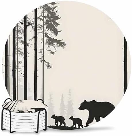Coasters for Drinks Set of 6 with Holder Abstract Forest Walking Bear Silhouette Natural Scenery Ceramic Cup Mat, Absorbent Ceramic Stone Coasters with Cork Base for Coffee Cups Home Decor 4 Inch by Daleng