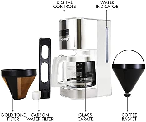 Kenmore drip Coffee Maker - 12 Cup programmable cafe machine with glass pot, regular & bold brew, auto shut off large water reservoir, reusable filter, kitchen appliances for cafeteria barista, White - Image 6