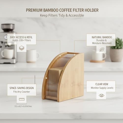 Kitchen Counter Coffee Station Organizer, Bamboo Filter Holder Box for Standard Cone or Basket Papers, Natural Wood Finish - Image 4