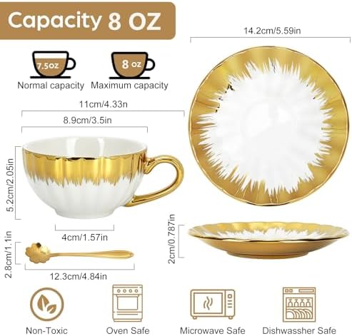 Cappuccino Cups with Saucers, 7.5 oz Ceramic Espresso Cup Set of 4 - Image 2
