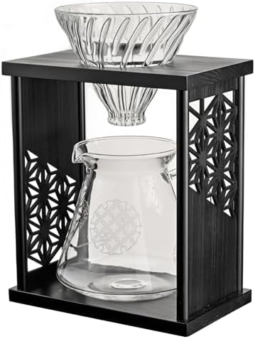 HARIO Drip Stand Set, Asanoha pattern (Hemp Leaves), Practical Capacity, 20.3 fl oz (600 ml), V60 Dripper Server, Includes 40 Dedicated Papers, For 1-4 People (Black) by Hario