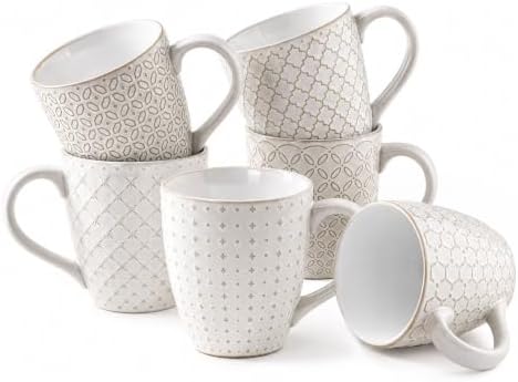 DOWAN Coffee Mugs Set of 6, 19 oz Large Mug, Ceramic Embossment Stoneware Tea Cups with Handle for Men Women, Handcrafted Mug Gift Set, Housewarming Wedding Gift by DOWAN