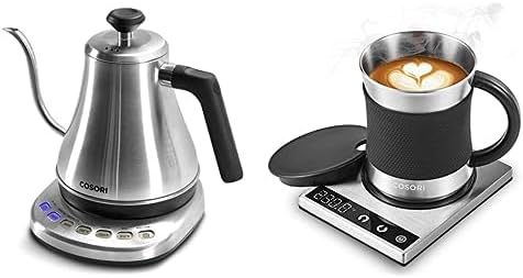 COSORI Electric Gooseneck Kettle with 5 Variable Presets,100% Stainless Steel Inner Lid & Bottom,Silver & Coffee Mug Warmer & Mug Set,Beverage Cup Warmer for Desk Home Office Use,Coffee gifts by Cosori