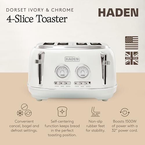 Haden Dorset 4 Slice Wide Slot Stainless Steel Toaster, Ivory & Chrome - Image 2