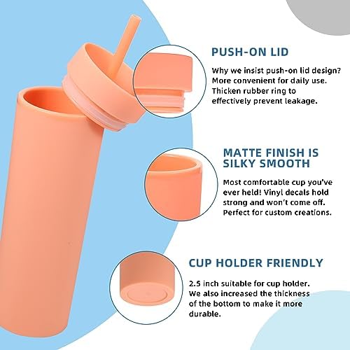 Volhoply 16oz Plastic Skinny Tumbler with Lid and Straw Bulk 10 Pack,Insulated Double Wall BPA Free Matte Acrylic Tumblers,Iced Coffee Travel Reusable Party Cup,Customizable Diy Gifts(Orange,10 Set) - Image 4