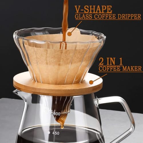 1PCS Hand Brewed Coffee Maker Filter, Borosilicate Glass Coffee Server with 1pcs Filter Cup & 1pcs Bamboo Holder for Brewing Coffee, Milk, Tea, Household Coffee (600ml / 20 OZ) - Image 6