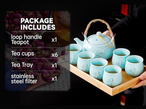 Japanese Tea Set with 1 Teapot(23 oz/660ml), 6 Tea cups(5.3 oz/150ml), 1 Tea Tray, 1 Stainless Infuser, Golden plum blossom relief,Chinese gungFu tea set (Golden plum-Blue) - Image 4