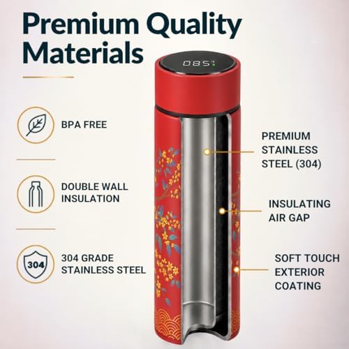 Farasi Tea Infuser for Loose Leaf Tea Smart Water Bottle with Fahrenheit Temperature Display, Stainless Steel Insulated Coffee and Fruit Tea Infuser Bottle - Red Floral Travel Tea Mug 15 oz - Image 6