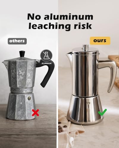 Stainless Steel Moka Pot 6 Cup 13 oz, All-Metal Stovetop Espresso Maker, Plastic-Free Non-Toxic, for Induction Gas Electric Ceramic Halogen, Portable Camping Travel - Image 3