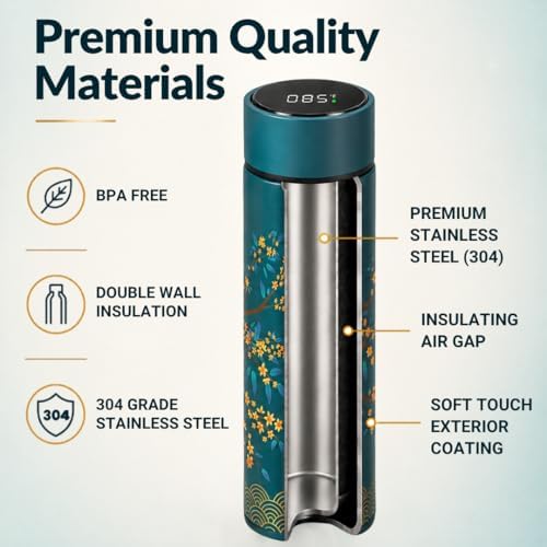 Farasi Tea Infuser for Loose Leaf Tea Smart Water Bottle with Temperature Display, Stainless Steel Insulated Coffee and Fruit Tea Infuser Bottle - Green Floral Travel Tea Mugs 15 oz - Image 6