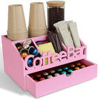 Coffee Bar Organizer Countertop, Wood Coffee Station with Drawer, Pink by ADDFITHOUSE