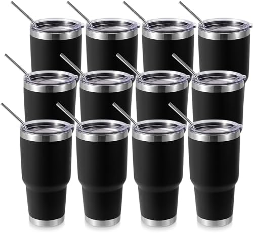 Volhoply 30oz Insulated Tumbler with Lid and Straw, Double Wall Inner & Outer 304 Stainless Steel Tumblers Bulk, Powder Coated Coffee Cup for Office, Home, Travel (Black,12 Pack) by LiveFully%EF%BC%8CDrinkFreely%E2%80%94KeepGoingwithVolhoply%EF%BC%81