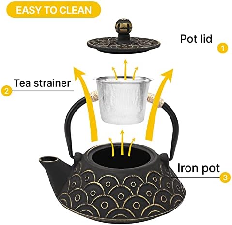 VUDECO 30oz Gold Black Japanese Cast Iron Teapot Kettle Set Loose Leaf Tea Pot For Loose Tea Cast Iron Kettle with Tea Infuser Japanese Tea Set Cast Iron Tea Kettle Japanese Tea Pot Wood Stove - Image 5
