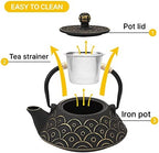VUDECO 30oz Gold Black Japanese Cast Iron Teapot Kettle Set Loose Leaf Tea Pot For Loose Tea Cast Iron Kettle with Tea Infuser Japanese Tea Set Cast Iron Tea Kettle Japanese Tea Pot Wood Stove - Image 5