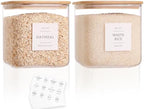 2 Pack Square Glass Flour and Sugar Containers with 132 Kitchen Pantry Labels - Thicken 85 FL OZ Large Glass Storage Jars with Airtight Bamboo Lid - Big Food Canisters for Cookies, Candy, Tea, Coffee by CZZGSM