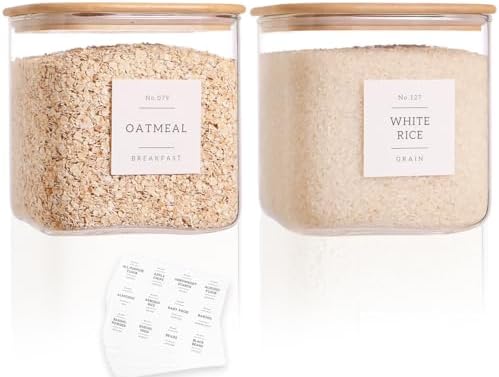 2 Pack Square Glass Flour and Sugar Containers with 132 Kitchen Pantry Labels - Thicken 85 FL OZ Large Glass Storage Jars with Airtight Bamboo Lid - Big Food Canisters for Cookies, Candy, Tea, Coffee by CZZGSM