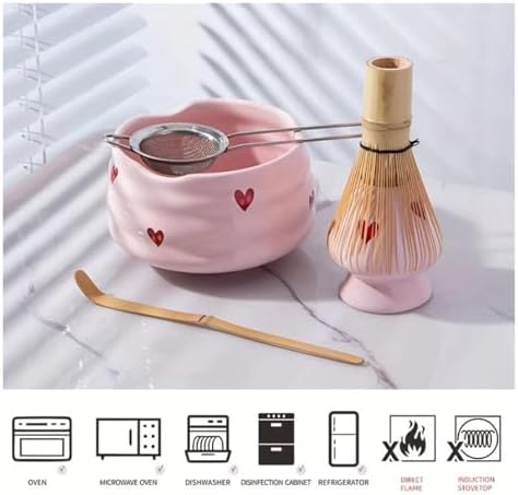 Cute Heart Decal Ceramic Matcha Set - Bowl Whisk And Holder Bamboo Scoop Sifter Tea Ceremony Kit(5pcs) - Image 3
