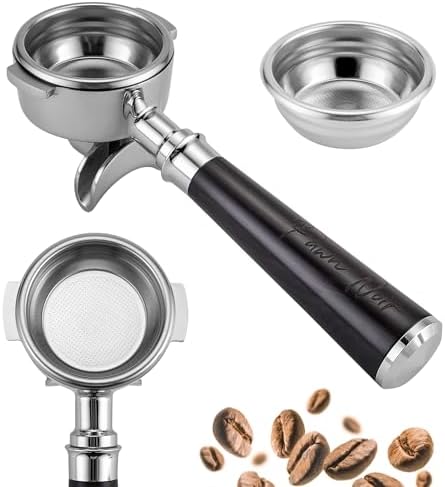 58mm Double Spouts Espresso Portafilter with 2 Ear | Fits E61 | Faema/Flair/Rocket/Sanremo/Expobar | Portafilter with Stainless Steel Basket&Solid Wood Handle (58mm Double Spouts 2 Ear) by Unknown