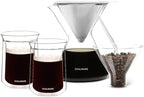 ovalware Pour Over Coffee Dripper Maker Paperless Stainless Steel Filter, Precision Measuring Cup and Carafe with Double Wall Single Lip Insulated Glass Minimalistic Double Wall Drinkimg Mug by Ovalware