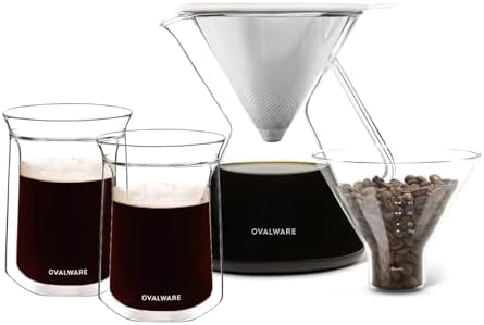 ovalware Pour Over Coffee Dripper Maker Paperless Stainless Steel Filter, Precision Measuring Cup and Carafe with Double Wall Single Lip Insulated Glass Minimalistic Double Wall Drinkimg Mug by Ovalware