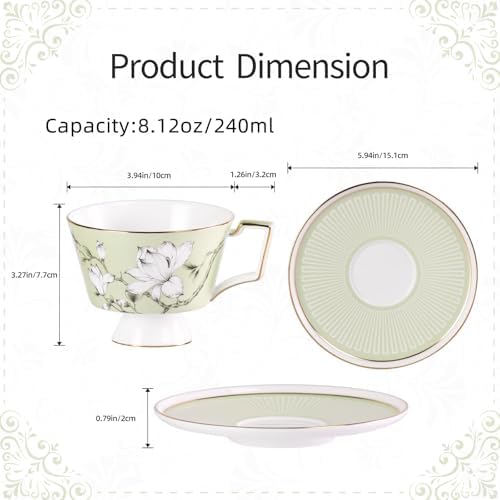 KAMMAK Ceramic Coffee Cups Saucers Set of 2, Porcelain Espresso Cups with Saucers, 8.12 oz Handcrafted Elegant Bone China Tea Cups, Blue & Sage Green Flower Teacup for Party, Office, Women Gift - Image 2