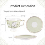 KAMMAK Ceramic Coffee Cups Saucers Set of 2, Porcelain Espresso Cups with Saucers, 8.12 oz Handcrafted Elegant Bone China Tea Cups, Blue & Sage Green Flower Teacup for Party, Office, Women Gift - Image 2