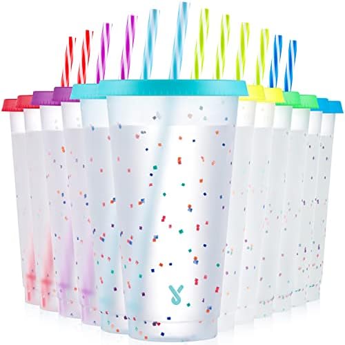 Meoky Confetti Color Changing Cups with Lids and Straws for Iced Coffee, Party, Pool - 12 Pack 24oz Reusable Plastic Tumblers for Kids and Adults by MEOKY