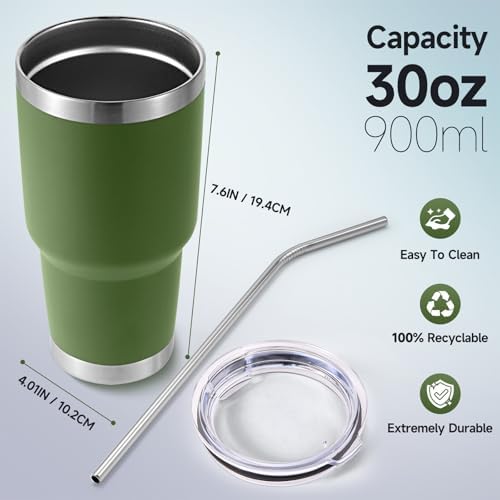 Volhoply 30oz Insulated Tumbler with Lid and Straw, Double Wall Inner & Outer 304 Stainless Steel Tumblers Bulk, Powder Coated Coffee Cup for Office, Home, Travel (Army Green,4 Pack) - Image 2