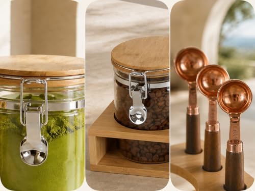 Airtight 27oz Glass Tea Jar Set with Bamboo Rack and Scoops, 3 Pack - Image 5