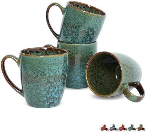 Bosmarlin Ceramic Coffee Mug Set of 4, 17 Oz, Coffee Cups with Big Handle, Microwave Safe, Unique Reactive Glaze (Blue) by Bosmarlin