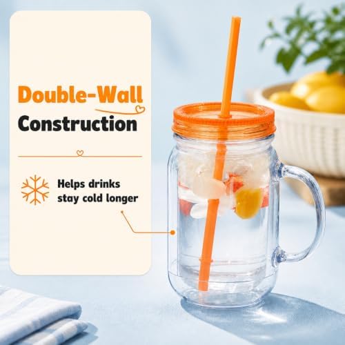 Plastic Mason Jars with Handles, Lids and Straws | 20 oz Double Insulated Tumbler with Straw | 4 Pack Set of 4 | Wide Mouth Mason Jar Mugs | Cups for Kids and Adults… - Image 7