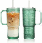 20 oz Green Glass Tumbler with Lid and Straw, Glass Iced Coffee Cups, Spill-proof Glasses Tumbler with Handle, Glasses Drinking Set of 2, Vintage Glassware for Cocktail, Smoothies by Unknown