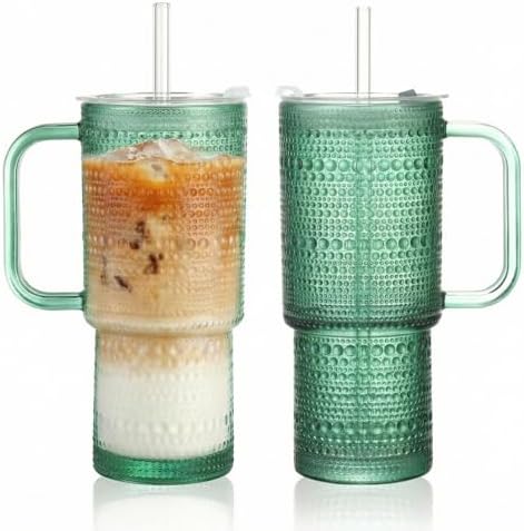 20 oz Green Glass Tumbler with Lid and Straw, Glass Iced Coffee Cups, Spill-proof Glasses Tumbler with Handle, Glasses Drinking Set of 2, Vintage Glassware for Cocktail, Smoothies by Unknown